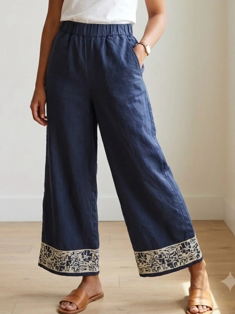 Banana Republic High-Rise Wide-Leg Embroidered Boho Tencel Linen Pants Navy M